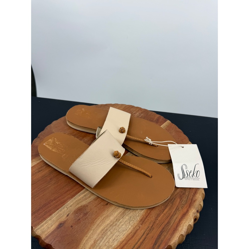 Sseko Knotted Slide Sandals 8 Tan White Leather Thong Flat Ethical Handcrafted